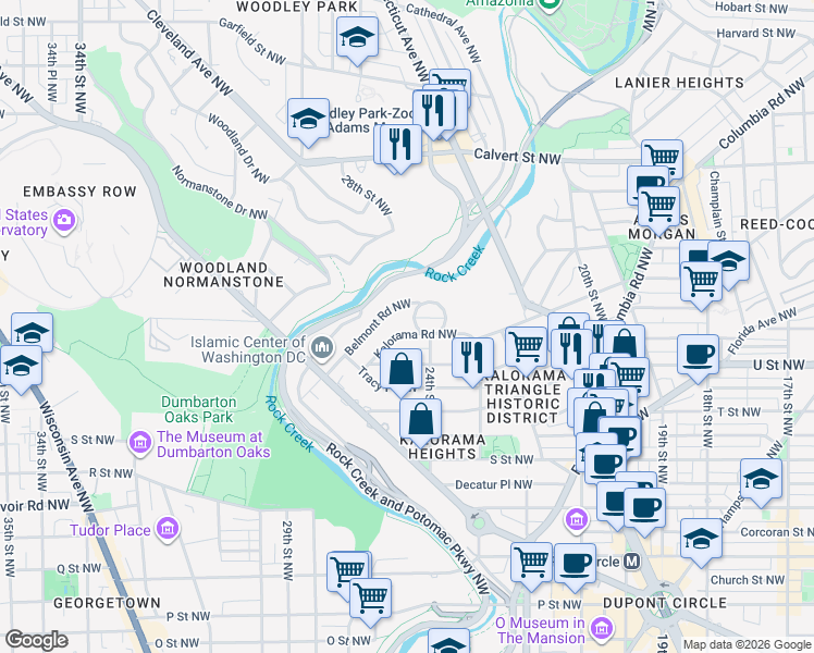 map of restaurants, bars, coffee shops, grocery stores, and more near 2401 Kalorama Road Northwest in Washington