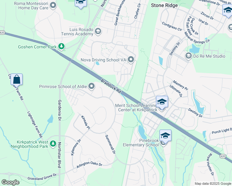 map of restaurants, bars, coffee shops, grocery stores, and more near 25286 Kilkeen Way in Aldie