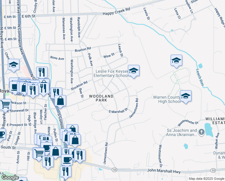 map of restaurants, bars, coffee shops, grocery stores, and more near 18 South Charles Street in Front Royal