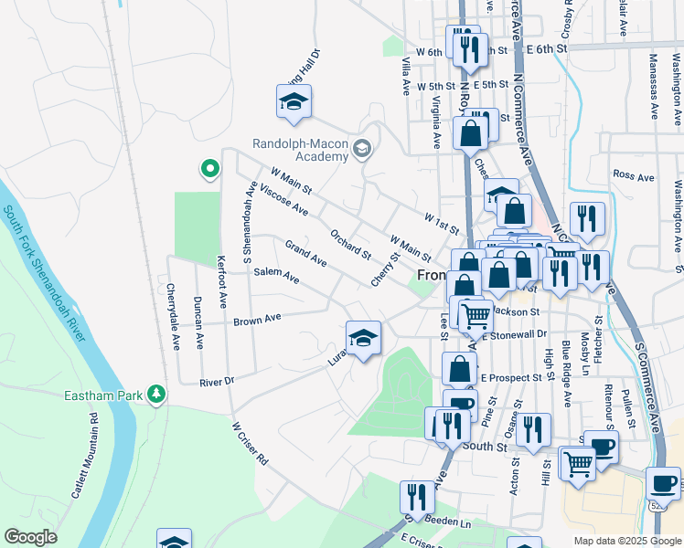 map of restaurants, bars, coffee shops, grocery stores, and more near Grand Avenue in Front Royal