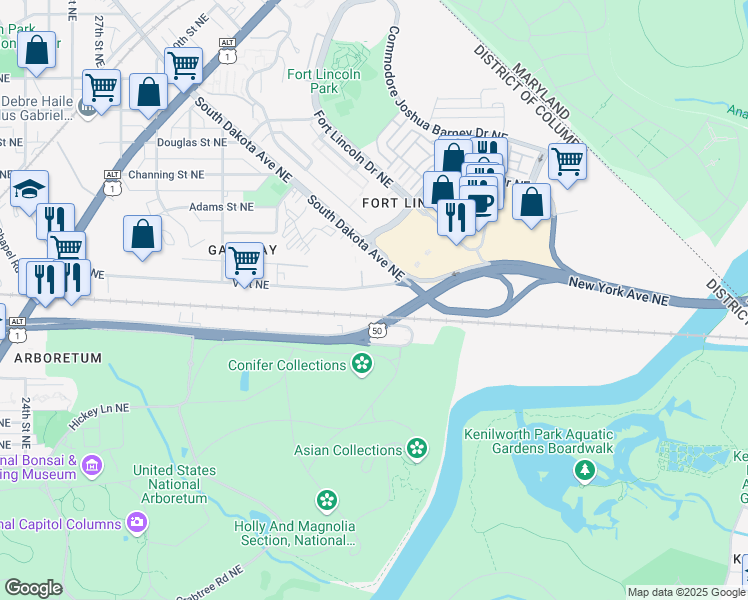 map of restaurants, bars, coffee shops, grocery stores, and more near 3535 V Street Northeast in Washington