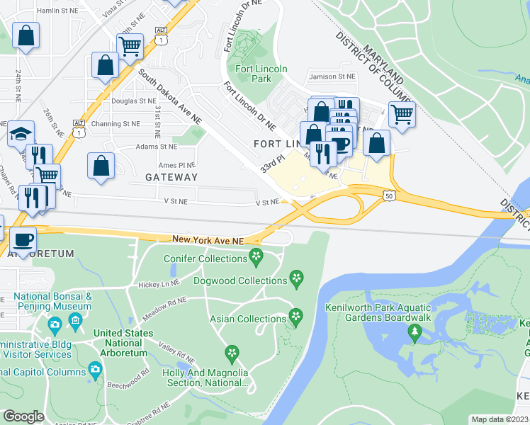 map of restaurants, bars, coffee shops, grocery stores, and more near 3535 V Street Northeast in Washington