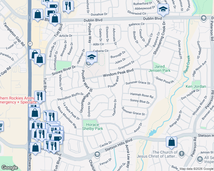 map of restaurants, bars, coffee shops, grocery stores, and more near 5936 Huerfano Drive in Colorado Springs