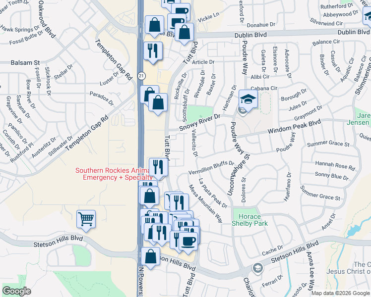 map of restaurants, bars, coffee shops, grocery stores, and more near 6207 La Plata Peak Drive in Colorado Springs