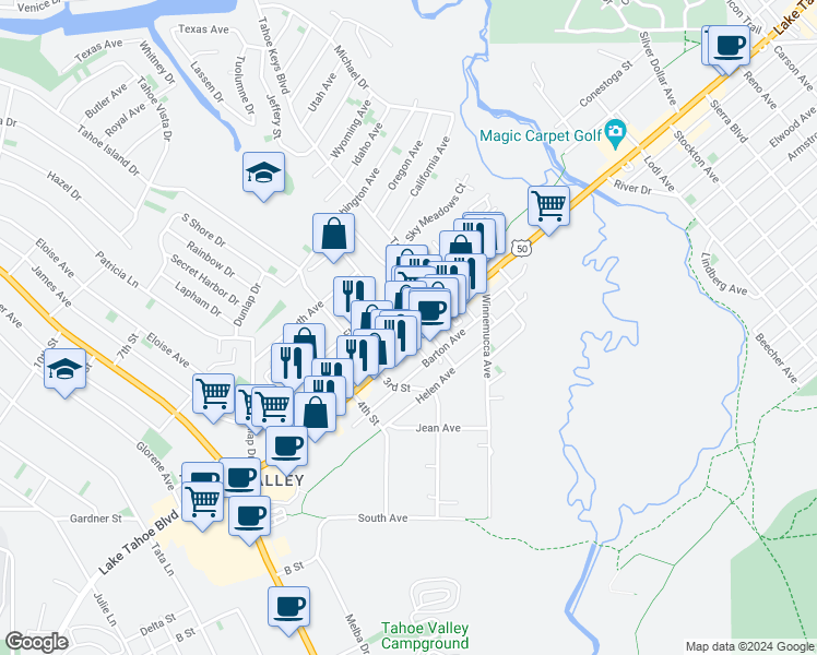 map of restaurants, bars, coffee shops, grocery stores, and more near 2187 Lake Tahoe Boulevard in South Lake Tahoe