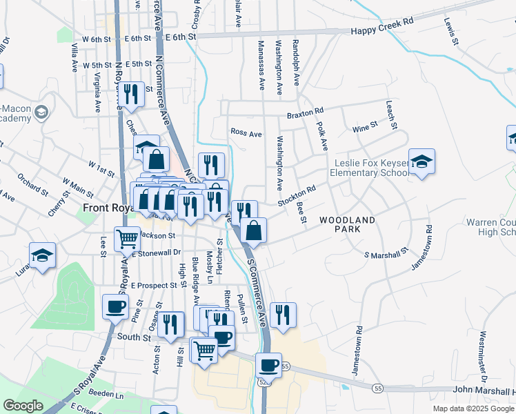 map of restaurants, bars, coffee shops, grocery stores, and more near 484 Hamilton Circle in Front Royal
