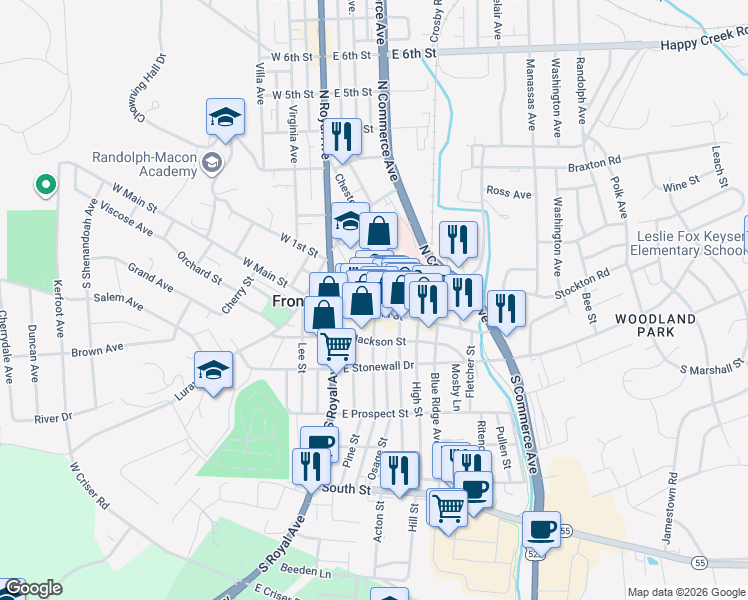 map of restaurants, bars, coffee shops, grocery stores, and more near 131 East Main Street in Front Royal
