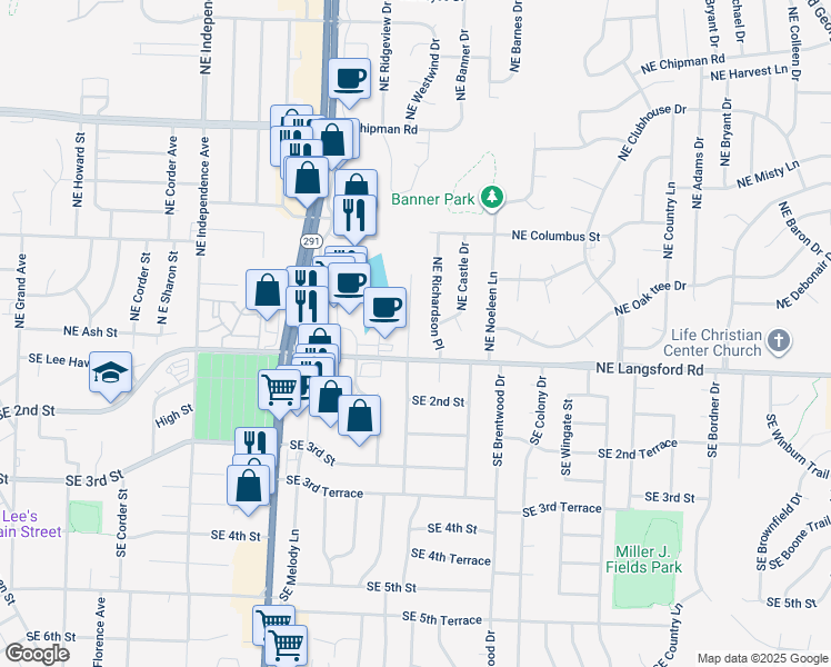 map of restaurants, bars, coffee shops, grocery stores, and more near 998 East Langsford Road in Lee's Summit