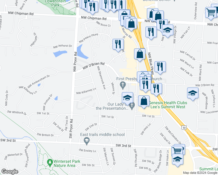 map of restaurants, bars, coffee shops, grocery stores, and more near 1811 Northwest Killarney Lane in Lee's Summit