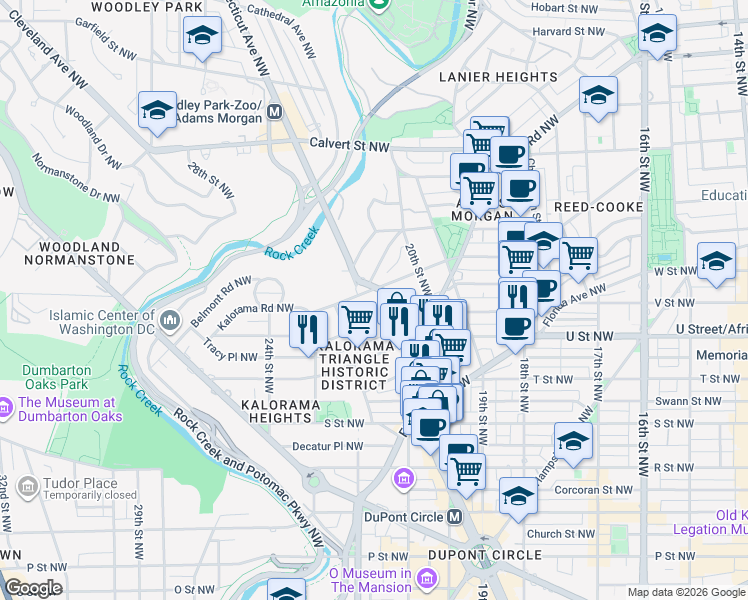 map of restaurants, bars, coffee shops, grocery stores, and more near 2126 Connecticut Avenue Northwest in Washington