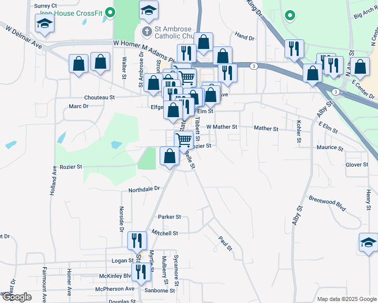 map of restaurants, bars, coffee shops, grocery stores, and more near 3328 Belle Street in Alton