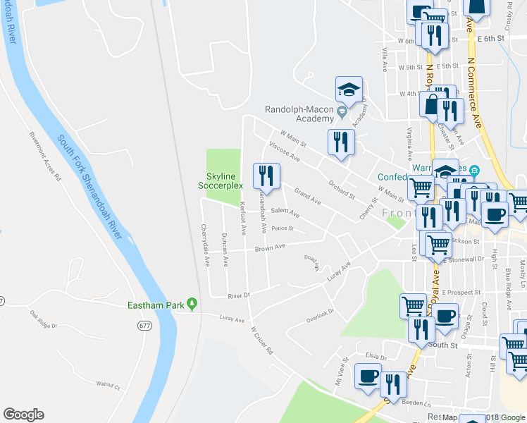 map of restaurants, bars, coffee shops, grocery stores, and more near 498 Salem Avenue in Front Royal