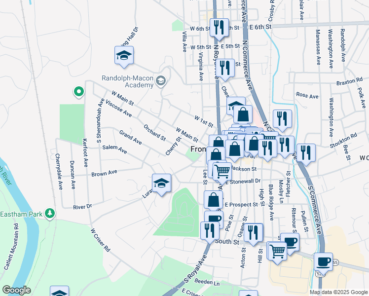 map of restaurants, bars, coffee shops, grocery stores, and more near 101 Luray Avenue in Front Royal
