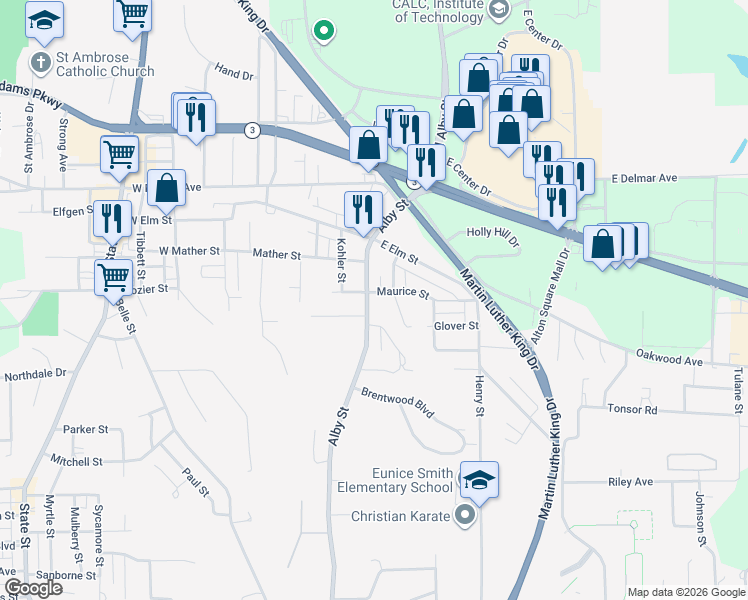 map of restaurants, bars, coffee shops, grocery stores, and more near 4002 Alby Street in Alton