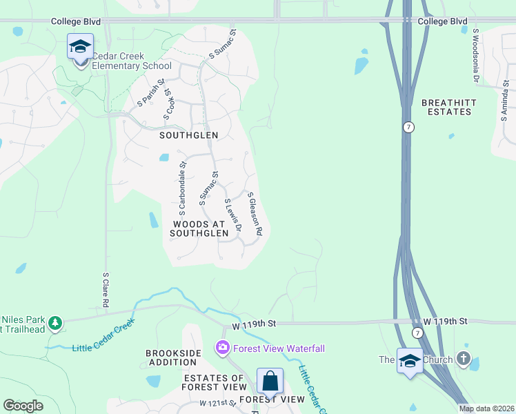 map of restaurants, bars, coffee shops, grocery stores, and more near 11665 South Gleason Road in Olathe