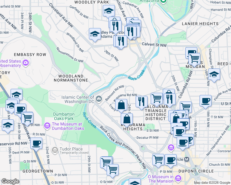 map of restaurants, bars, coffee shops, grocery stores, and more near 2446 Belmont Road Northwest in Washington