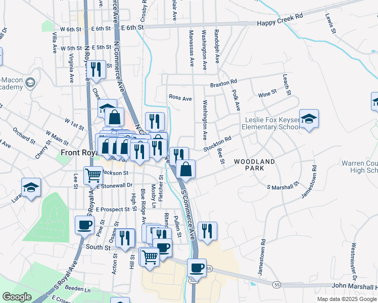 map of restaurants, bars, coffee shops, grocery stores, and more near 484 Hamilton Circle in Front Royal