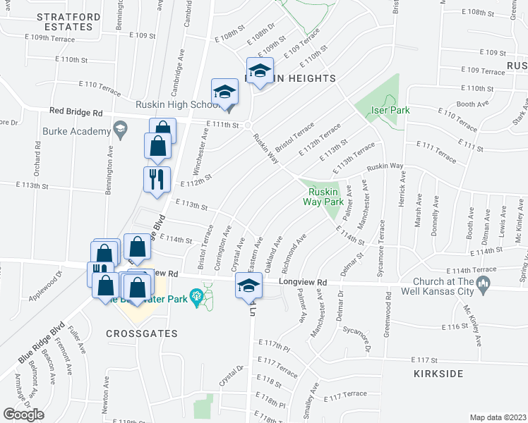 map of restaurants, bars, coffee shops, grocery stores, and more near 11223 Crystal Avenue in Kansas City