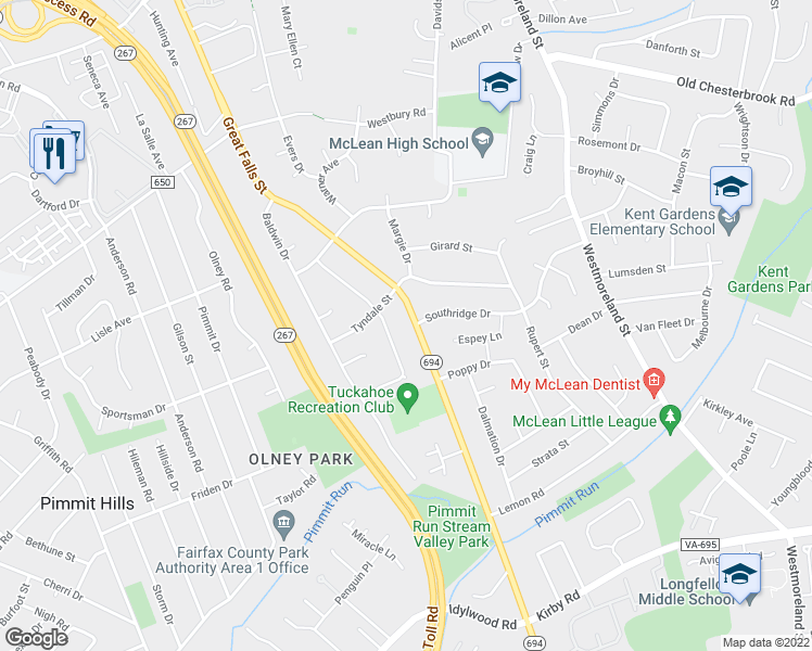 map of restaurants, bars, coffee shops, grocery stores, and more near 1748 Great Falls Street in McLean