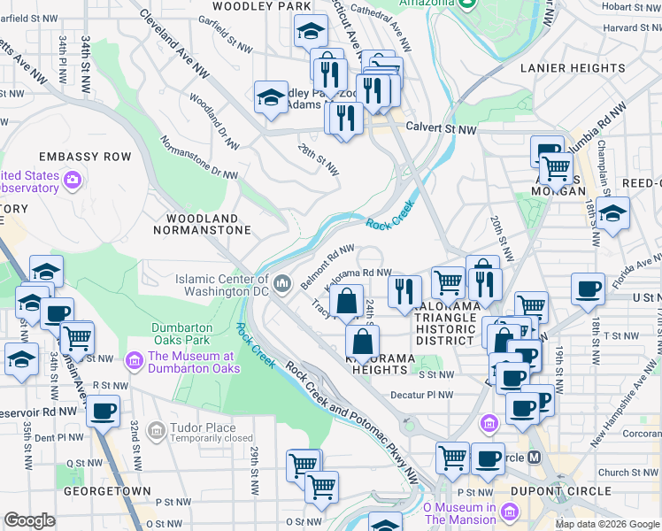map of restaurants, bars, coffee shops, grocery stores, and more near 2446 Belmont Road Northwest in Washington