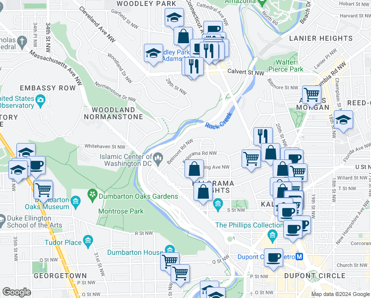 map of restaurants, bars, coffee shops, grocery stores, and more near 2446 Belmont Road Northwest in Washington