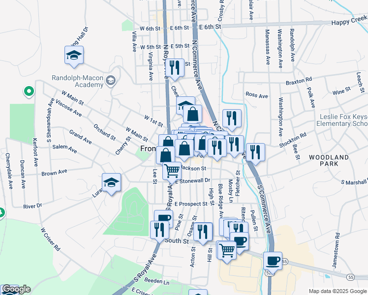 map of restaurants, bars, coffee shops, grocery stores, and more near 114 East Main Street in Front Royal