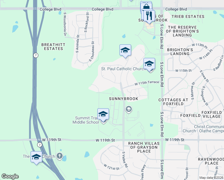 map of restaurants, bars, coffee shops, grocery stores, and more near 11640 South Roundtree Street in Olathe