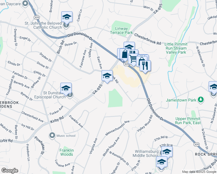 map of restaurants, bars, coffee shops, grocery stores, and more near 1753 Kirby Road in McLean