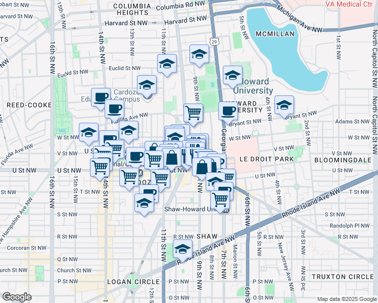 map of restaurants, bars, coffee shops, grocery stores, and more near 923 V Street Northwest in Washington