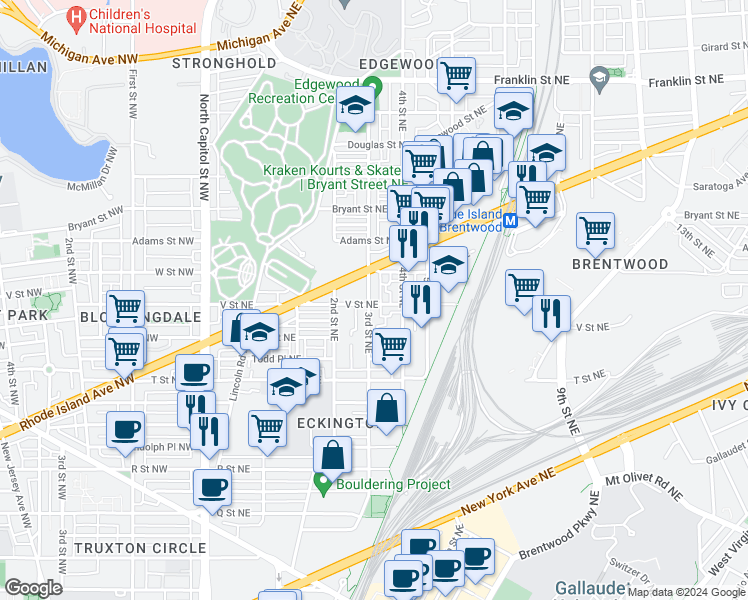 map of restaurants, bars, coffee shops, grocery stores, and more near 314 V Street Northeast in Washington