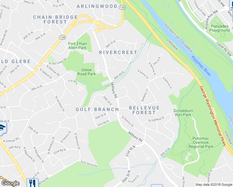 map of restaurants, bars, coffee shops, grocery stores, and more near 3603 Military Road in Arlington