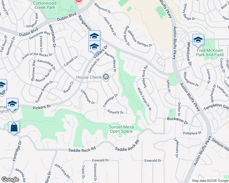 map of restaurants, bars, coffee shops, grocery stores, and more near 6115 Maroon Mesa Drive in Colorado Springs