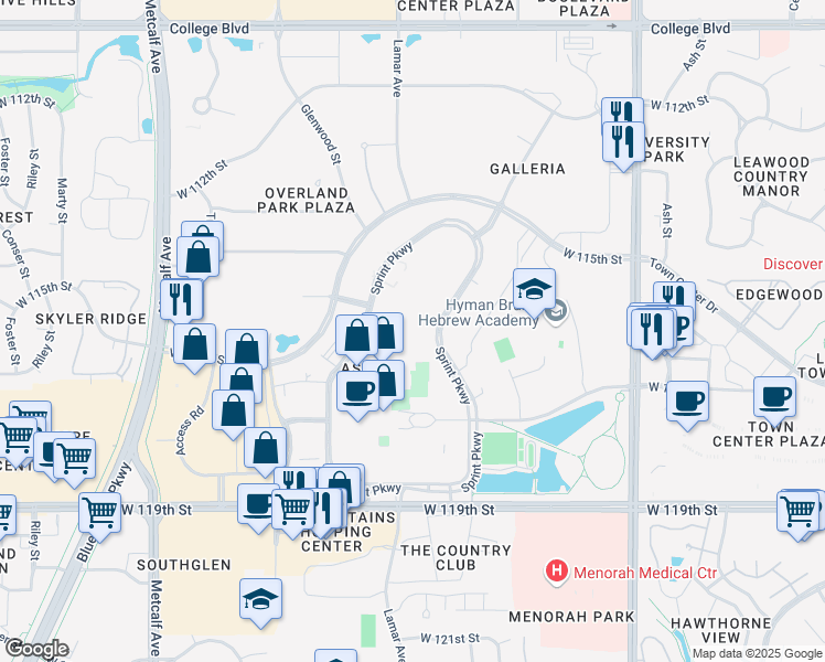 map of restaurants, bars, coffee shops, grocery stores, and more near 6100 Sprint Parkway in Overland Park