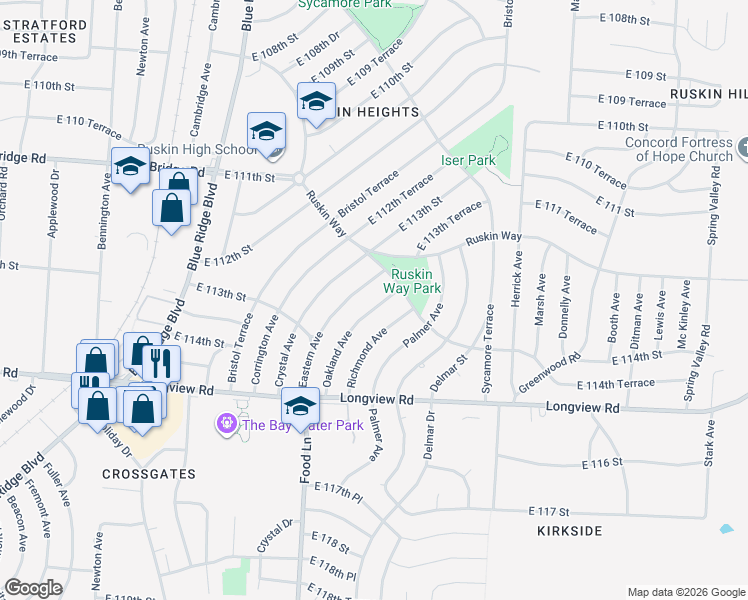 map of restaurants, bars, coffee shops, grocery stores, and more near 11206 Eastern Avenue in Kansas City