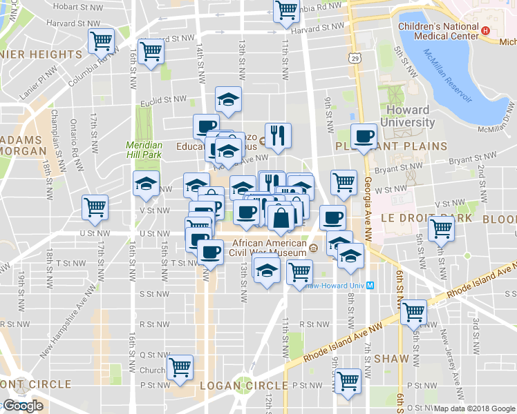 map of restaurants, bars, coffee shops, grocery stores, and more near 1211 V Street Northwest in Washington