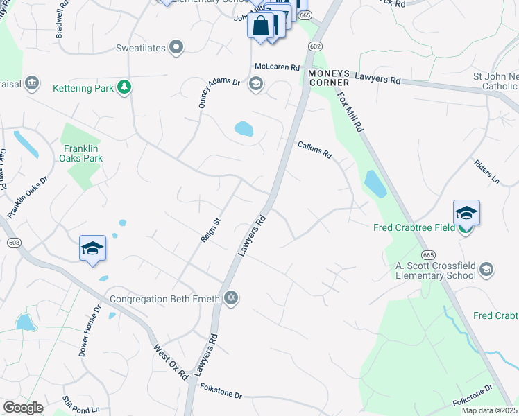 map of restaurants, bars, coffee shops, grocery stores, and more near 12501 Reign Court in Herndon