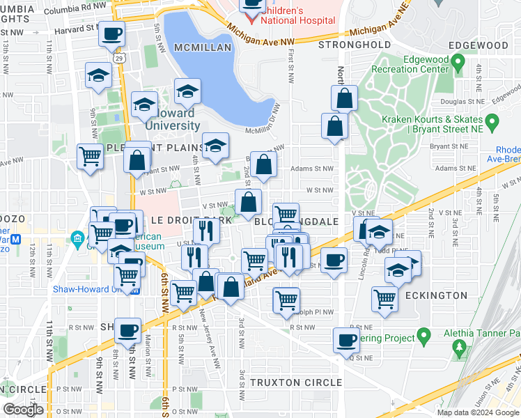 map of restaurants, bars, coffee shops, grocery stores, and more near 151 V Street Northwest in Washington