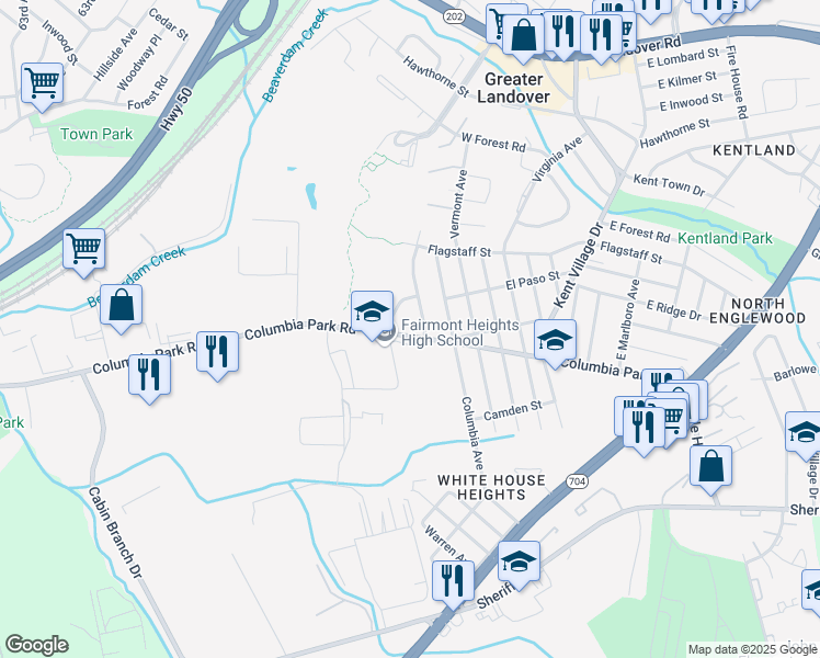 map of restaurants, bars, coffee shops, grocery stores, and more near Columbia Park Road in Greater Landover