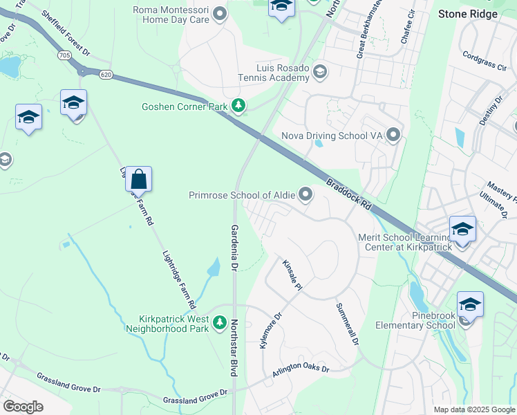 map of restaurants, bars, coffee shops, grocery stores, and more near 25287 Gray Poplar Terrace in Aldie