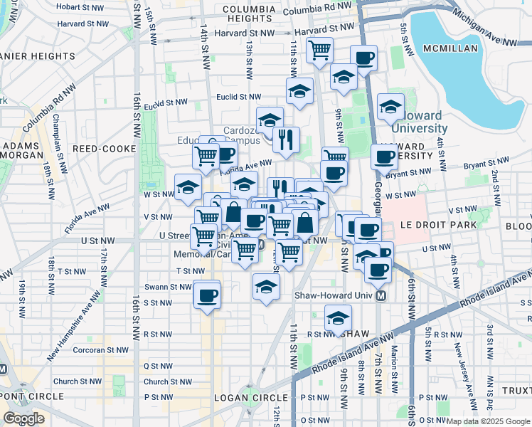 map of restaurants, bars, coffee shops, grocery stores, and more near 1211 V Street Northwest in Washington