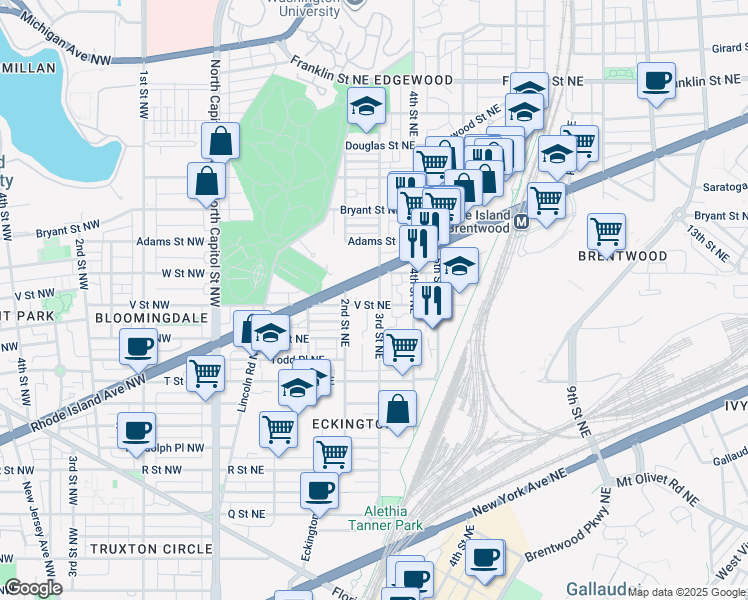 map of restaurants, bars, coffee shops, grocery stores, and more near 232 V Street Northeast in Washington