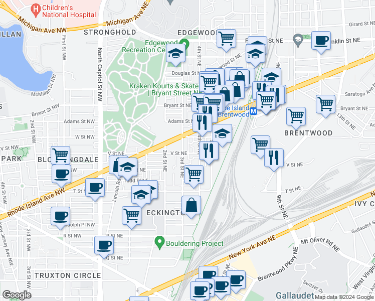 map of restaurants, bars, coffee shops, grocery stores, and more near 308 V Street Northeast in Washington