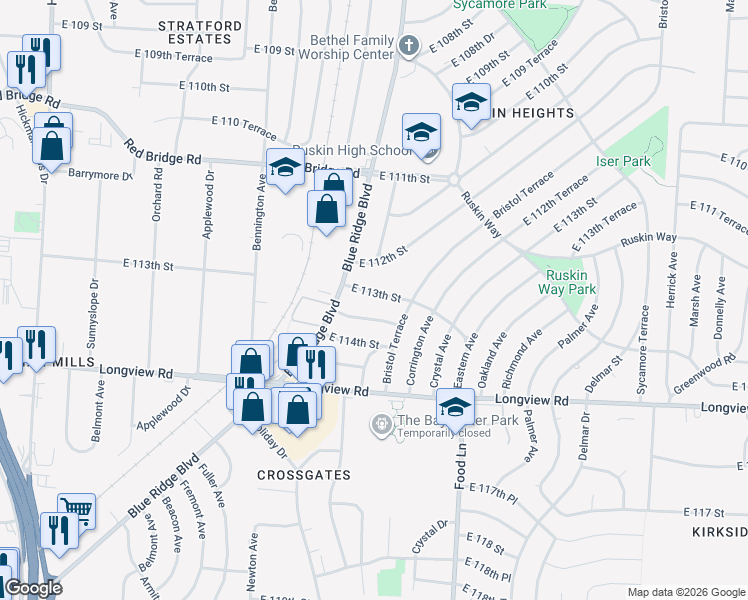map of restaurants, bars, coffee shops, grocery stores, and more near 6906 East 113th Street in Kansas City