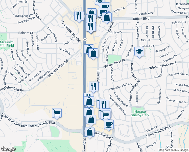 map of restaurants, bars, coffee shops, grocery stores, and more near 6010-6054 Tutt Boulevard in Colorado Springs