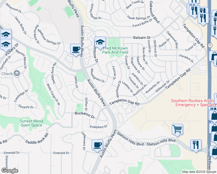 map of restaurants, bars, coffee shops, grocery stores, and more near 6330 Whirlwind Drive in Colorado Springs