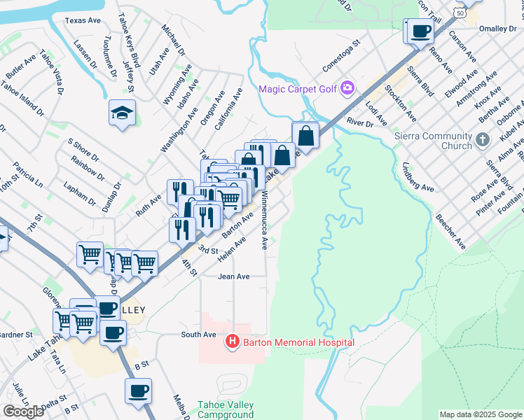 map of restaurants, bars, coffee shops, grocery stores, and more near 2264 Lake Tahoe Boulevard in South Lake Tahoe