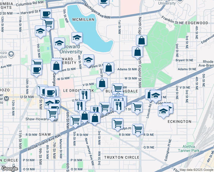 map of restaurants, bars, coffee shops, grocery stores, and more near 151 V Street Northwest in Washington