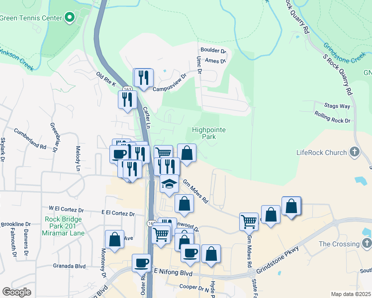 map of restaurants, bars, coffee shops, grocery stores, and more near 705 Huntridge Drive in Columbia