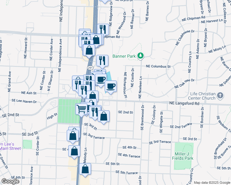 map of restaurants, bars, coffee shops, grocery stores, and more near 304 Northeast Westwind Drive in Lee's Summit