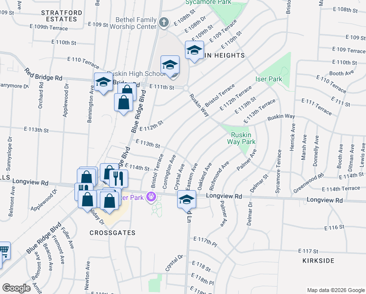 map of restaurants, bars, coffee shops, grocery stores, and more near 11224 Corrington Avenue in Kansas City